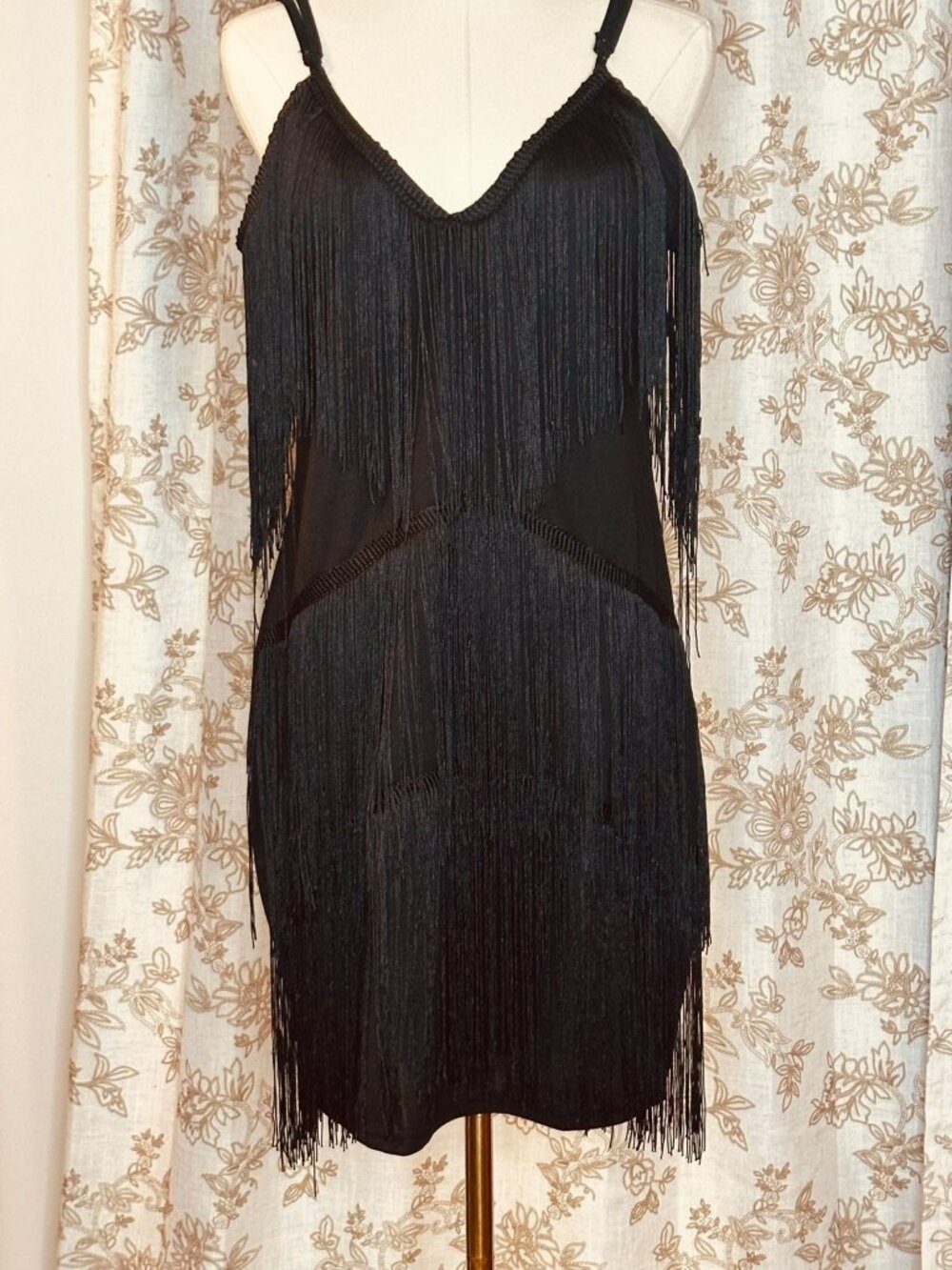 Flapper Fringe 20s Tassel Black Party Dress XL V-Neck Disco LBD Cocktail Costume